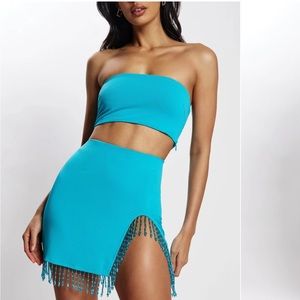 Meshki crepe bandeau and beaded mini skirt set